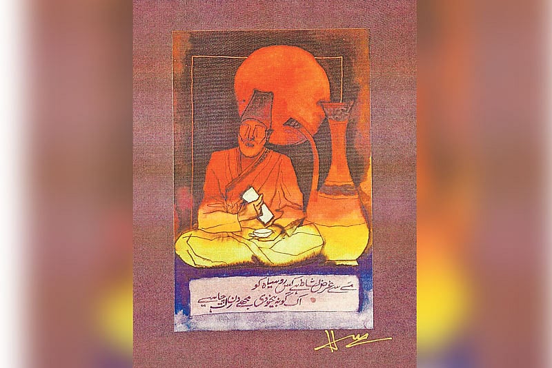 শিল্পী মকবুল ফিদা হুসেনের আঁকা মির্জা গালিব (২৭ ডিসেম্বর ১৭৯৭–১৫ ফেব্রুয়ারি ১৮৬৯)