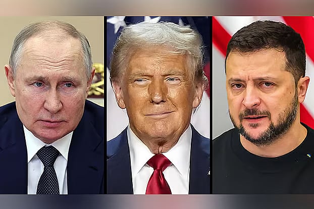 রাশিয়ার প্রেসিডেন্ট ভ্লাদিমির পুতিন, যুক্তরাষ্ট্রের প্রেসিডেন্ট ডোনাল্ড ট্রাম্প ও ইউক্রেনের প্রেসিডেন্ট ভলোদিমির জেলেনস্কি