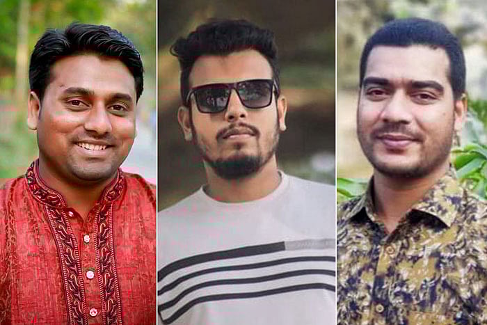 সুমন সরদার (বাঁয়ে), রাশেদ বিন হাকিম ও ওমর ফারুক