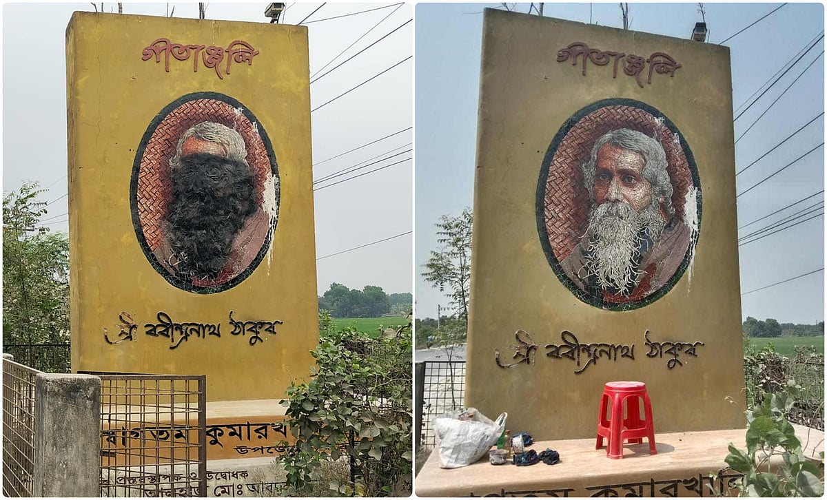 কুমারখালীতে রবীন্দ্রনাথ ঠাকুরের ম্যুরালে কালো রঙের কালি (বাঁয়ে) লাগানোর বিষয়টি জানার পর কালি মুছে দেয় উপজেলা প্রশাসন (ডানে)। শুক্রবার দুপুরে