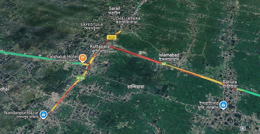 সরাইল উপজেলার বেড়তলা থেকে সরাইল বিশ্বরোড মোড় ও কুট্টাপাড়া মোড় হয়ে বাড়িউরা পর্যন্ত ১০ কিলোমিটার এলাকায় আজ রোববার দুপুরে দীর্ঘ যানজট তৈরি হয়েছে