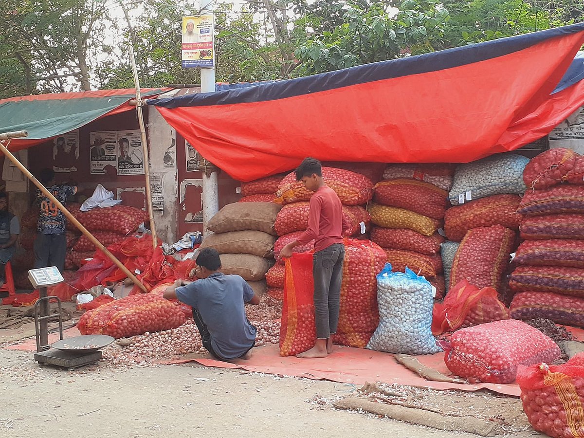 রাজশাহীতে পাইকারি বাজারে বেড়েছে পেঁয়াজের দাম। বুধবার বিকেলে নগরের মাস্টারপাড়া কাঁচা বাজারে