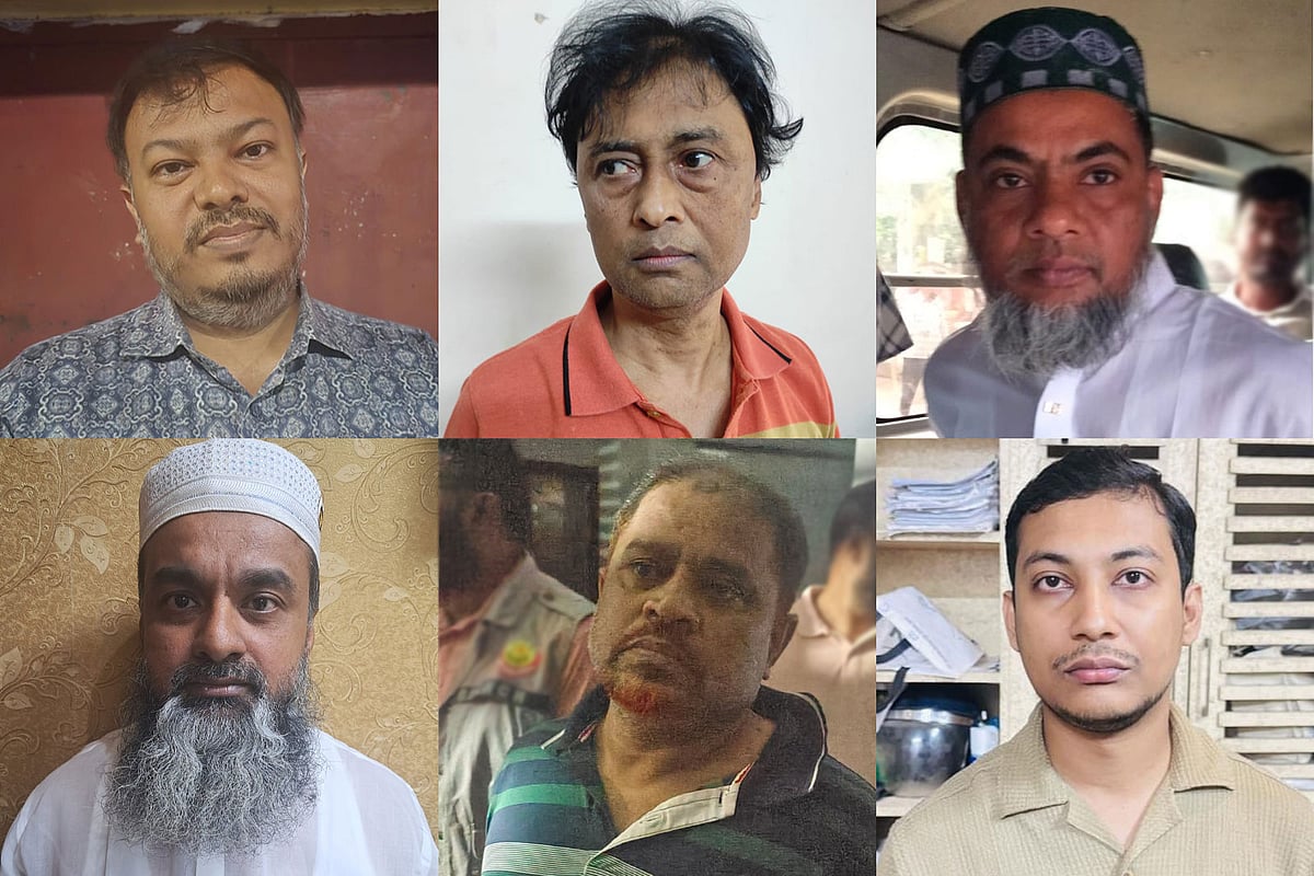 উপরে বাঁ থেকে আনিসুর রহমান, শাহে আলম মুরাদ ও মো. আরিফ হোসেন; নিচে বাঁ থেকে মো. শাহাবুদ্দিন, মো. শাখাওয়াত ও বাপ্পি রায়হান