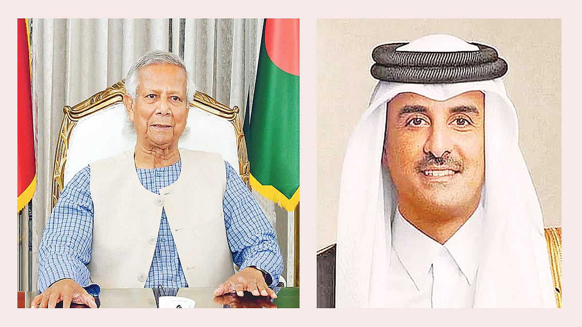অন্তর্বর্তী সরকারের প্রধান উপদেষ্টা অধ্যাপক মুহাম্মদ ইউনূস ও কাতারের আমির শেখ তামিম বিন হামাদ আল–থানি