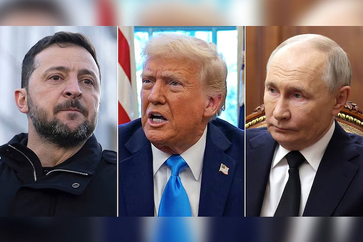 ইউক্রেনের প্রেসিডেন্ট ভলোদিমির জেলেনস্কি, যুক্তরাষ্ট্রের প্রেসিডেন্ট ডোনাল্ড ট্রাম্প ও রাশিয়ার প্রেসিডেন্ট ভ্লাদিমির পুতিন