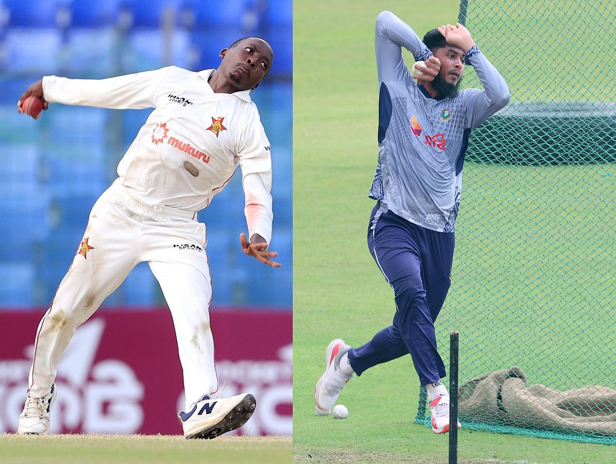 জিম্বাবুয়ের মাসেকেসা (বাঁয়ে) বাংলাদেশের রিশাদের বোলিং অনুসরণ করেন