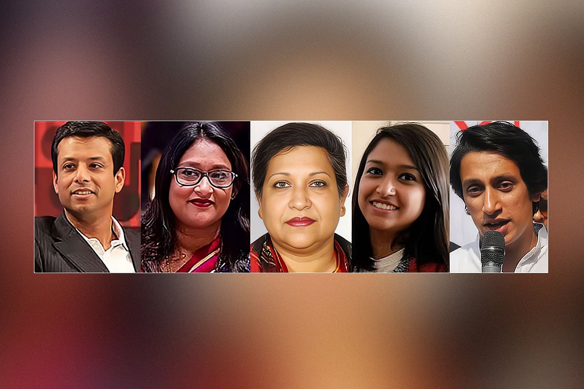 সজীব ওয়াজেদ জয়, সায়মা ওয়াজেদ পুতুল, শেখ রেহানা, আজমিনা সিদ্দিক ও রাদওয়ান মুজিব সিদ্দিক (বাম থেকে)