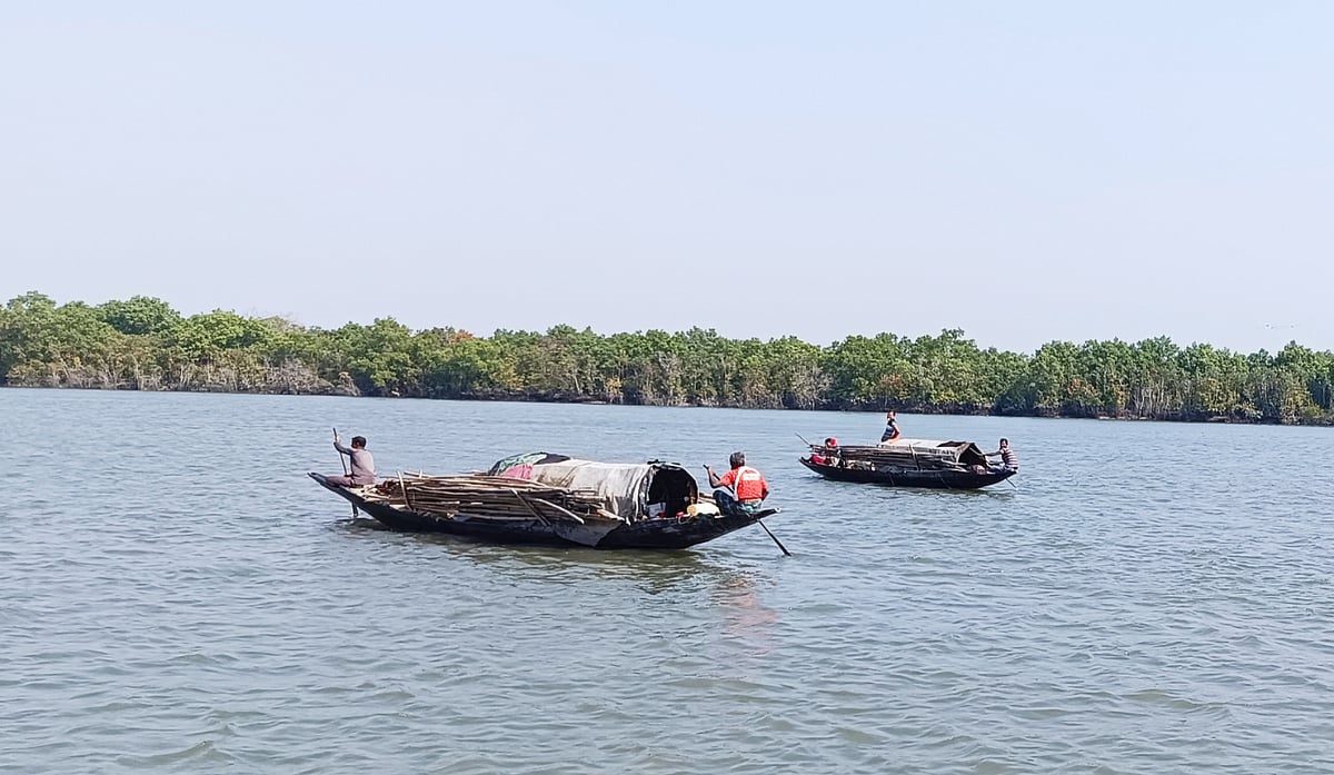 জেলেরা নৌকা নিয়ে মাছ ধরতে যাচ্ছেন সুন্দরবনের ভেতরে। আজ সকালে খুলনার কয়রা উপজেলার শাকবাড়িয়া নদী এলাকায়