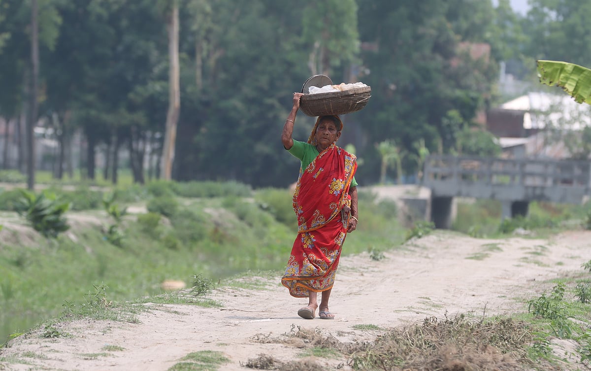 তীব্র রোদ আর গরম উপেক্ষা করে মাথায় বাদামের ডালি নিয়ে জীবিকার তাগিদে গ্রামের পথে ঘুরছেন আমেনা বেওয়া। গত রোববার রংপুর সদর উপজেলার মমিনপুর ইউনিয়নের বামনপাড়া এলাকায়