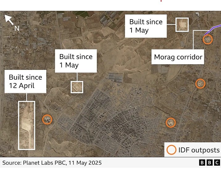 কৃত্রিম উপগ্রহে তোলা ছবিতে গাজার বিভিন্ন স্থানে ইসরায়েলের নির্মাণাধীন ত্রাণ সহায়তা কেন্দ্র