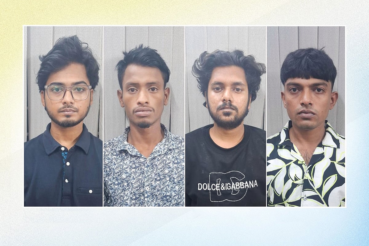গ্রেপ্তার মেহেদী হাসান ওরফে শাওন (ওপরে বাঁয়ে), মো. আশরাফুল, সাব্বির হোসেন ওরফে রিমন (নিচে বাঁয়ে) ও মো. সাজ্জাদুল ইসলাম
