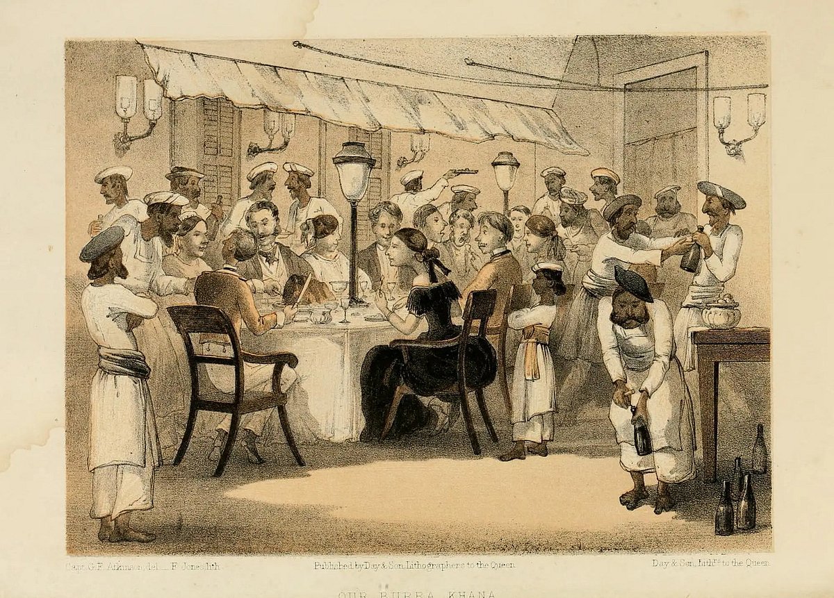 ক্যাপ্টেন জর্জ ফ্রাংকলিন অ্যাটকিনসনের আঁকা ছবিতে ভৃত্য পরিবেষ্টিত ইংরেজ ভোজসভা, ওপরে টানা পাখা দৃশ্যমান, ১৮৬০