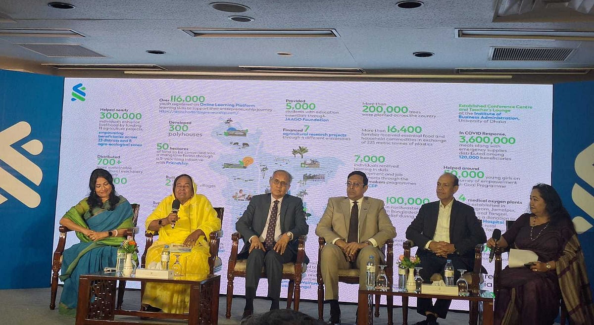 আজ রাজধানীর একটি হোটেলে আয়োজিত অনুষ্ঠানে বহুজাতিক ব্যাংক স্ট্যান্ডার্ড চার্টার্ড বাংলাদেশের (এসসিবি) প্রধান নির্বাহী কর্মকর্তা নাসের এজাজ বিজয়সহ প্রতিষ্ঠানটির ঊর্ধ্বতন কর্মকর্তারা