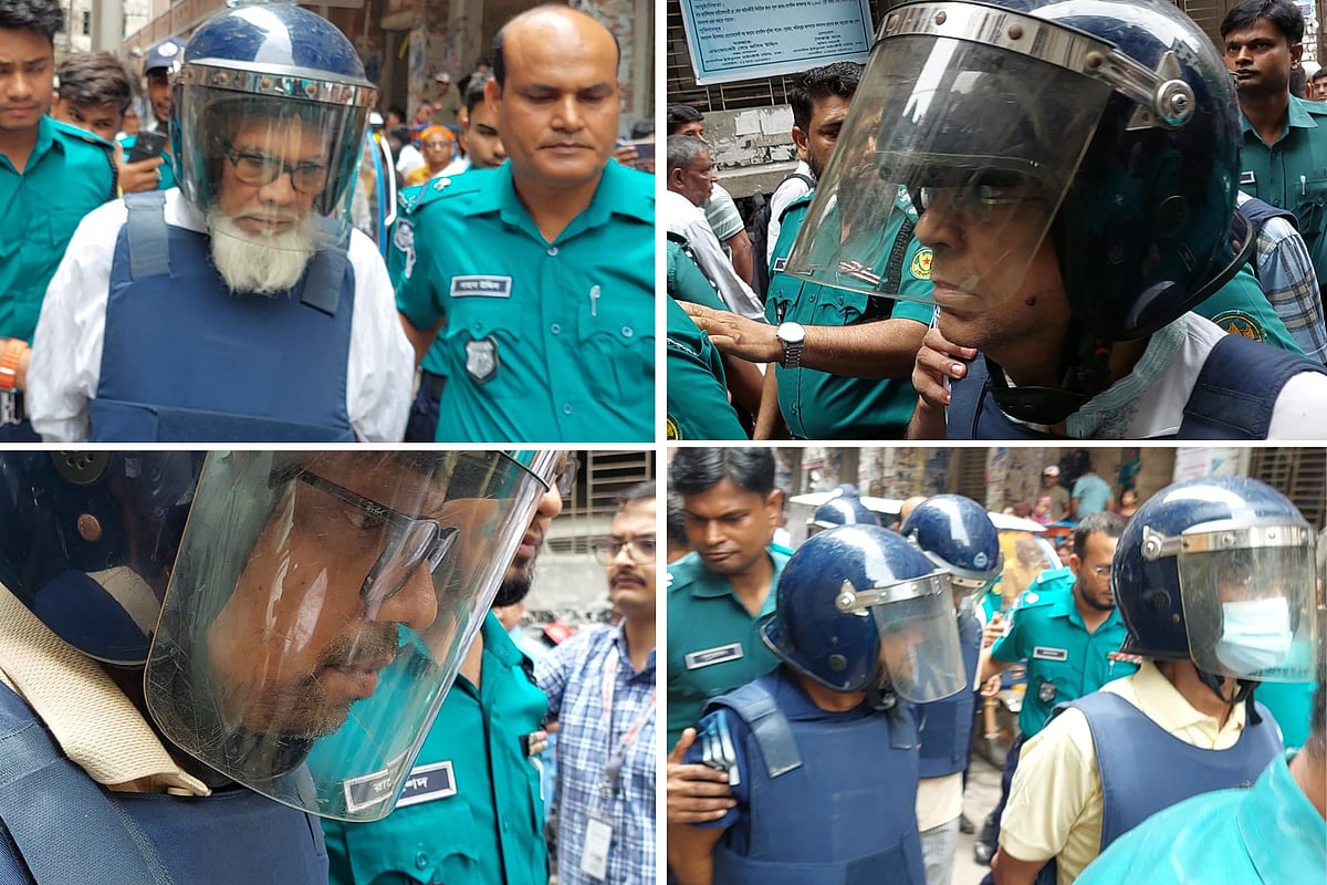 সালমান এফ রহমান, আনিসুল হক, জুনাইদ আহ্‌মেদ পলক ও শাহে আলম মুরাদকে (বাঁ থেকে) আদালতে নেওয়া হচ্ছে