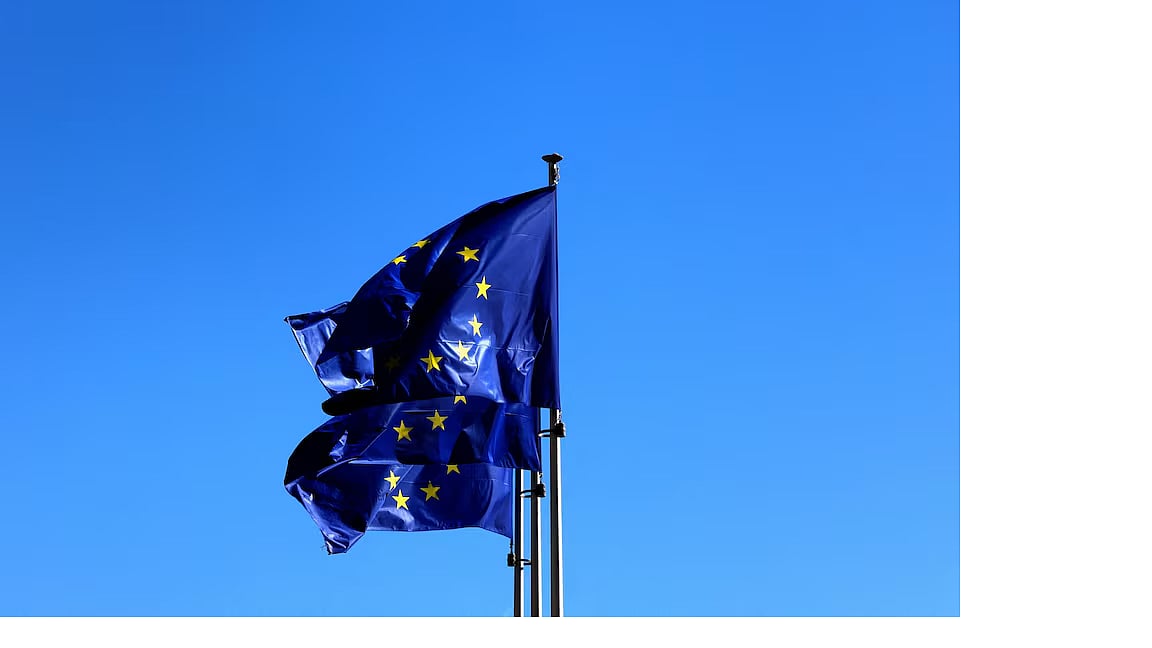 ইউরোপীয় ইউনিয়নের পতাকা উড়ছে। বেলজিয়ামের ব্রাসেলসে ইইউ কমিশন সদর দপ্তরের বাইরে। ১৮ মার্চ ২০২৫