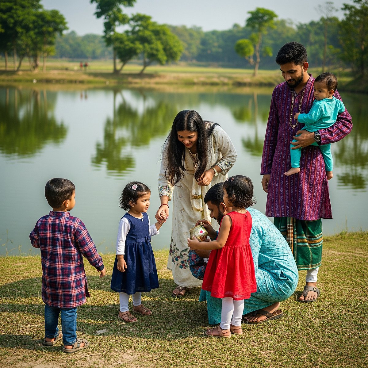 শিশুদের নিয়ে গ্রামের বাড়িতে বেড়াতে যাওয়া একটি পরিবার
