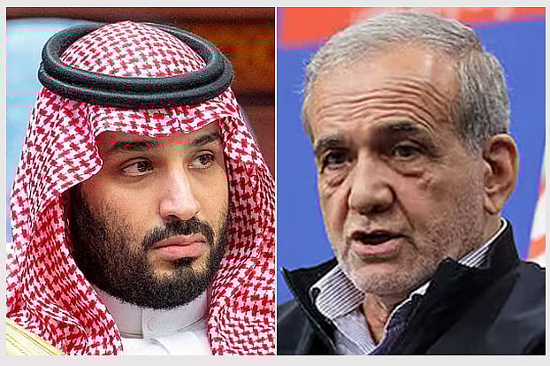 সৌদি আরবের যুবরাজ মোহাম্মদ বিন সালমান (বাঁয়ে), ইরানের প্রেসিডেন্ট মাসুদ পেজেশকিয়ান