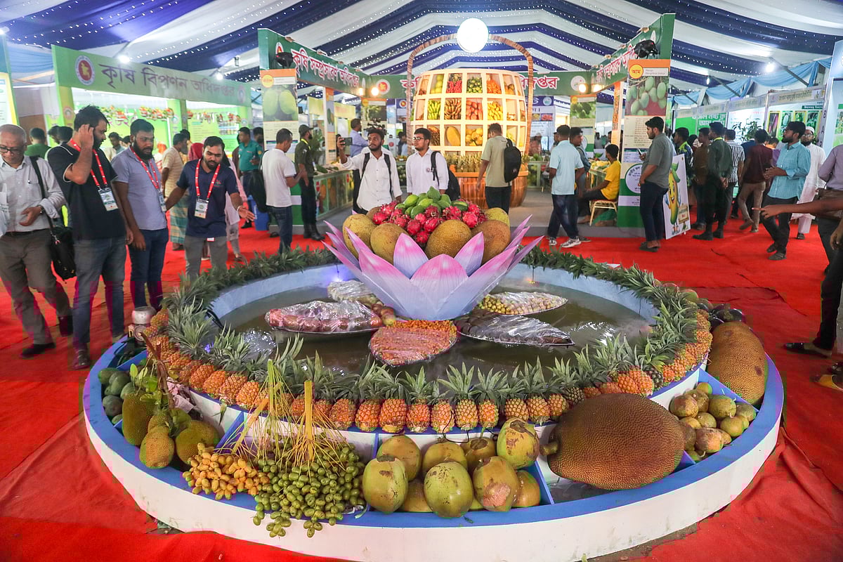 জাতীয় ফল মেলার প্রবেশমুখে বিভিন্ন জাতের দেশি ফল সাজিয়ে প্রদর্শন করা হয়েছে।