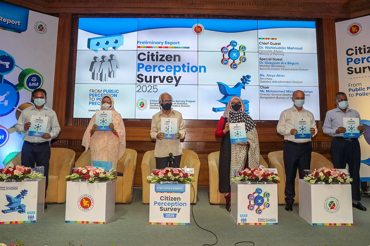 বিবিএসের সিটিজেন পারসেপশন সার্ভের (সিপিএস) প্রাথমিক প্রতিবেদনের মোড়ক উন্মোচন করেনপরিকল্পনা উপদেষ্টা ওয়াহিদউদ্দিন মাহমুদসহ অন্যরা। গতকাল রাজধানীর আগারগাঁওয়ে পরিসংখ্যান ভবনে