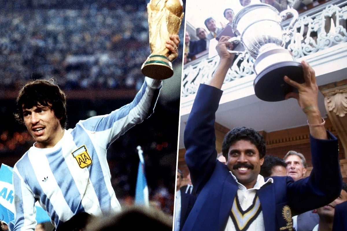 ১৯৭৮ বিশ্বকাপজয়ী আর্জেন্টিনার অধিনায়ক দানিয়েল পাসারেলা (বাঁয়ে) ও ১৯৮৩ বিশ্বকাপজয়ী ভারতের অধিনায়ক কপিল দেব