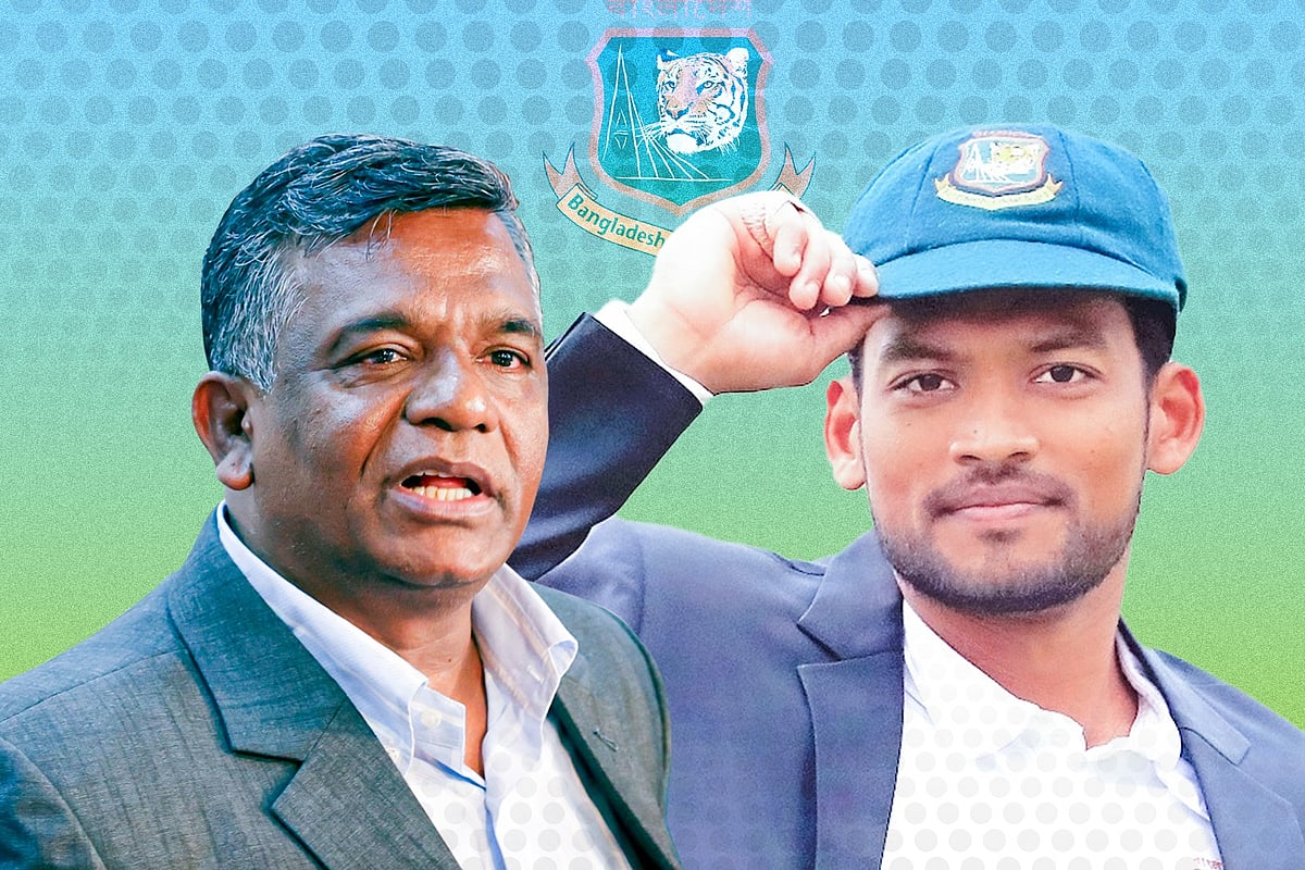 বিসিবি সভাপতি আমিনুল ইসলাম (বাঁয়ে)  ও টেস্ট অধিনায়কত্ব ছাড়া নাজমুল হোসেন