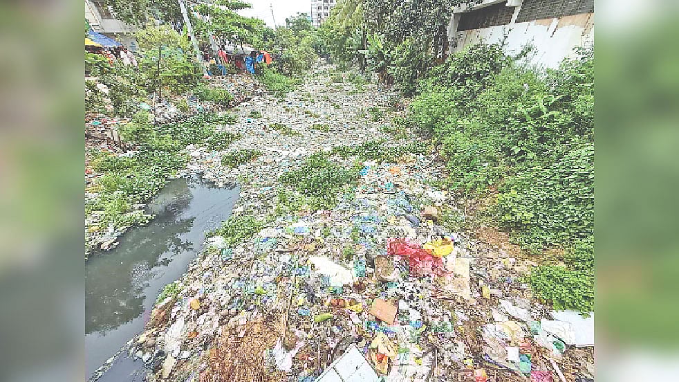 ময়লা–আবর্জনায় ভরে গেছে, সরু হয়ে এসেছে পানির প্রবাহ। রাজধানীর মিরপুর এলাকার রূপনগর খালের ছবিটি সম্প্রতি তোলা