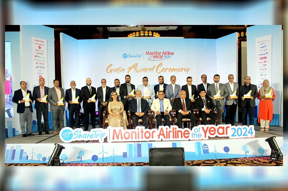 শেয়ারট্রিপ ও মনিটরের যৌথ উদ্যোগে এয়ারলাইন অব দ্য ইয়ার-২০২৪ শীর্ষক পুরস্কার প্রদান অনুষ্ঠানে স্বর্ণপদক বিজয়ীদের সঙ্গে অতিথিরা। গত শনিবার সোনারগাঁও হোটেলে
