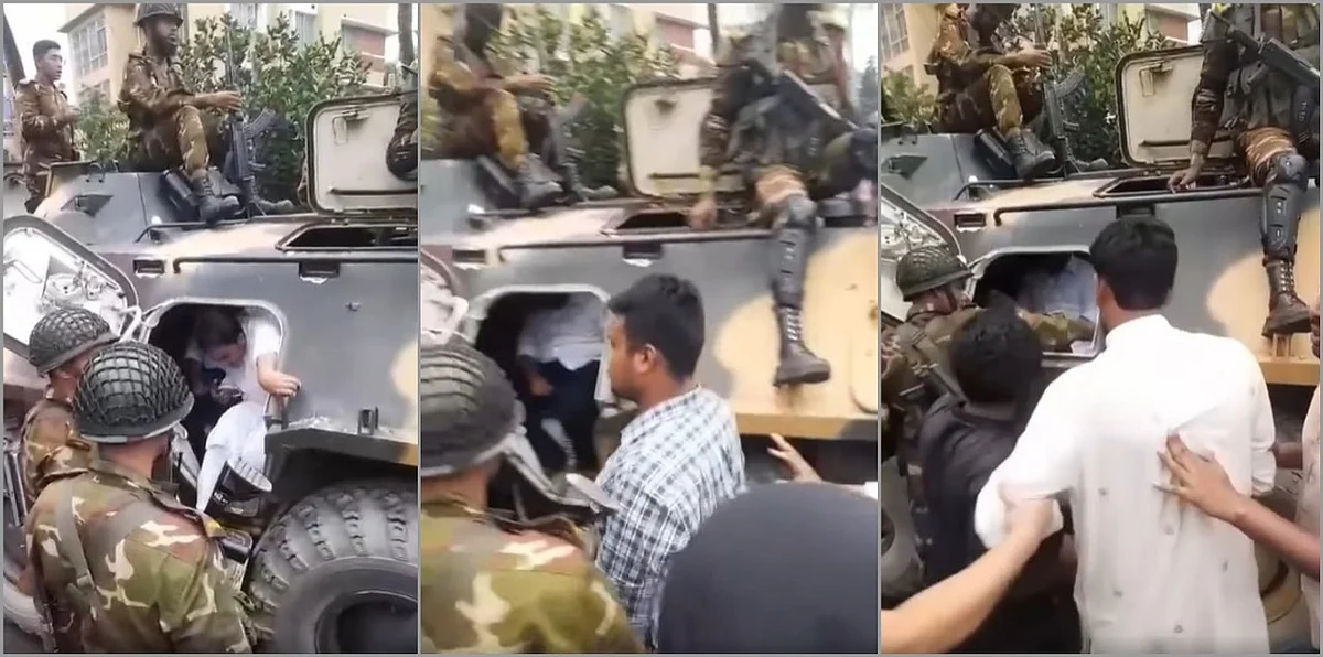 সেনাবাহিনীর সাঁজোয়া যানে করে এনসিপির নেতারা গোপালগঞ্জ জেলা পুলিশের কার্যালয় ছাড়েন। বাঁ থেকে এনসিপির নেতা সারজিস আলম, হাসনাত আবদুল্লাহ ও আখতার হোসেন