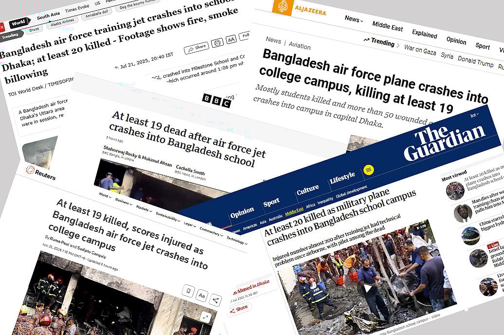বিবিসি, রয়টার্স, আল–জাজিরা, গার্ডিয়ান ও টাইমস অব ইন্ডিয়ার সংবাদের স্ক্রিনশট।