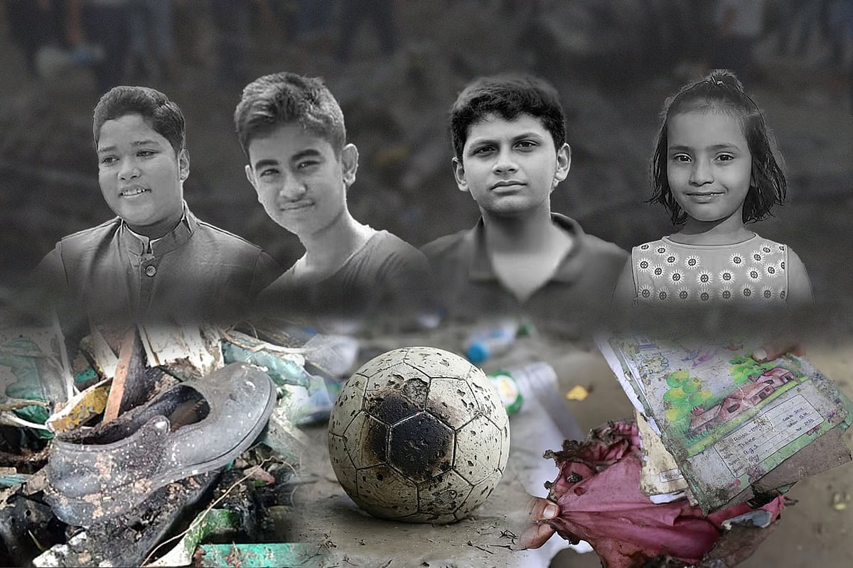 যুদ্ধবিমান বিধ্বস্তের ঘটনায় নিহত মাইলস্টোন স্কুল অ্যান্ড কলেজের শিক্ষার্থী (বাঁ থেকে) আবদুল্লাহ ছামীম, সামিউল করিম, সায়ান ইউসুফ ও সায়মা আক্তার।