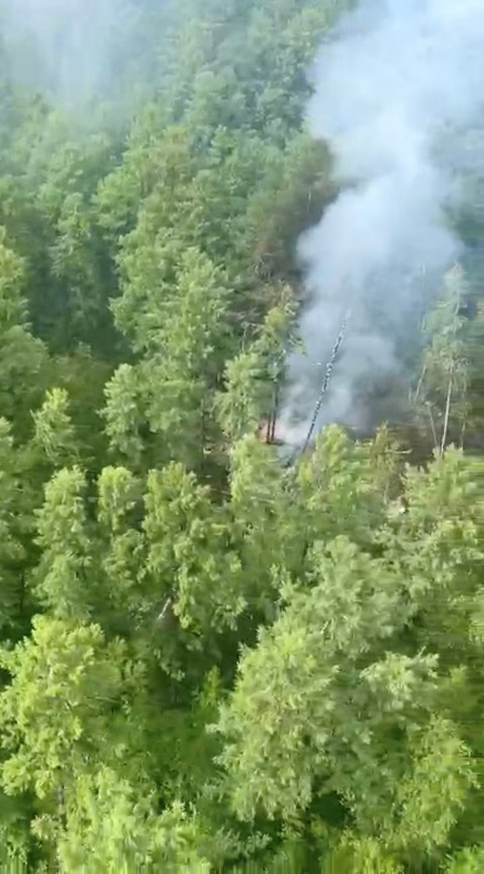 রাশিয়ার আমুর অঞ্চলের তুনদা এলাকায় বিধ্বস্ত উড়োজাহাজের জ্বলন্ত ধ্বংসাবশেষ থেকে ধোঁয়া উড়ছে। এই ছবিটি একটি ভিডিও থেকে নেওয়া। ২৪ জুলাই ২০২৫