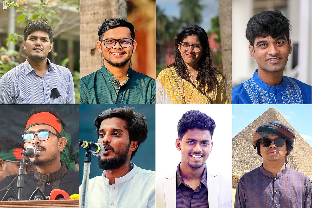 (ওপরে বাঁ থেকে) আবিদুল ইসলাম খান, আবু বাকের মজুমদার, উমামা ফাতেমা, মেঘমল্লার বসু, (নিচে বাঁ থেকে) আবু সাদিক কায়েম, আবদুল কাদের, মহিউদ্দিন মুজাহিদ ও এস এম ফরহাদ