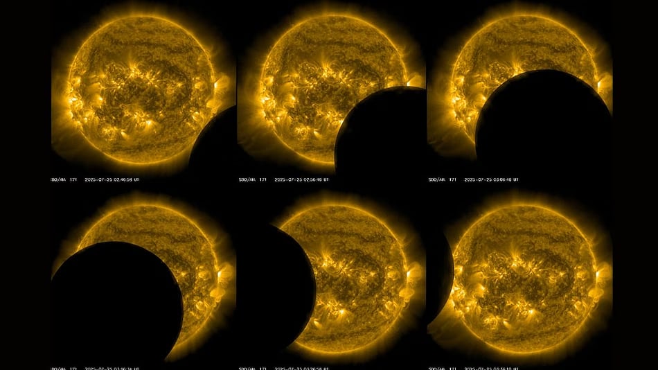 সোলার ডাইনামিকস অবজারভেটরির তোলা ছবিতে সূর্যকে অতিক্রম করছে চাঁদ