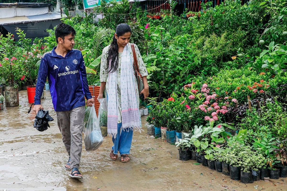 বৃবৃক্ষমেলা থেকে গাছের চারা কিনে নিয়ে যাচ্ছেন দুই  তরুণ-তরুণী। গত মঙ্গলবার তোলা