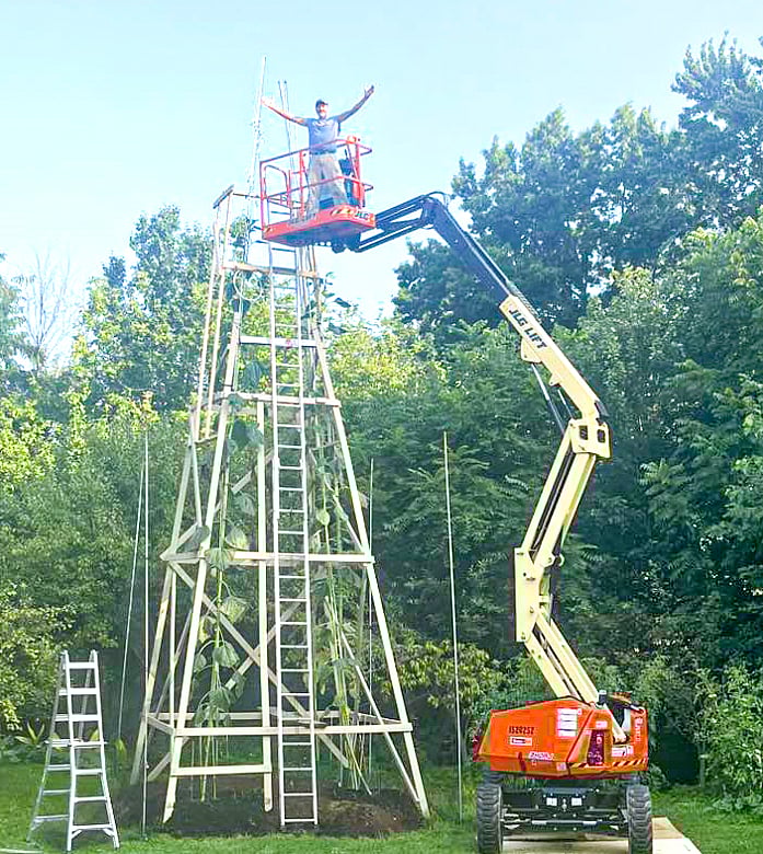 নিজের সূর্যমুখীগাছের পাশে ক্রেনের ওপর অ্যালেক্স বাবিচ