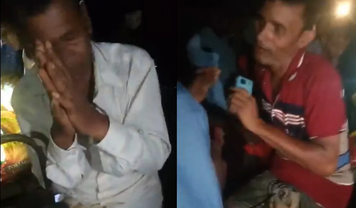 তারাগঞ্জে গণপিটুনির আগে হাত জোড় করে এভাবে বাঁচার আকুতি জানান প্রদীপ লাল (বাঁয়ে)। নিজের পরিচয় বলছিলেন রুপলাল (ডানে)