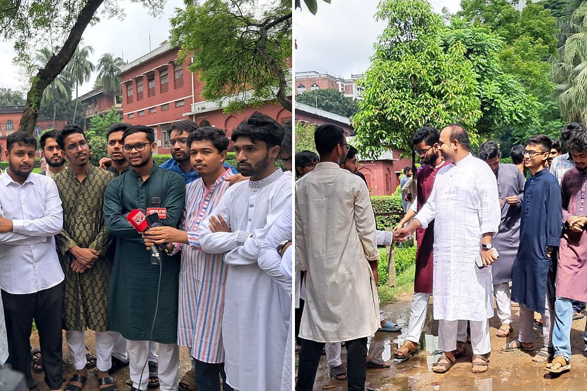 জুমার নামাজের পর শিক্ষার্থীদের সঙ্গে কুশল বিনিময় ও সাংবাদিকদের সঙ্গে কথা বলেন ডাকসু নির্বাচনে জিএস প্রার্থী আবু বাকের মজুমদার এবং শেখ তানভীর বারী হামিম (ডানে)