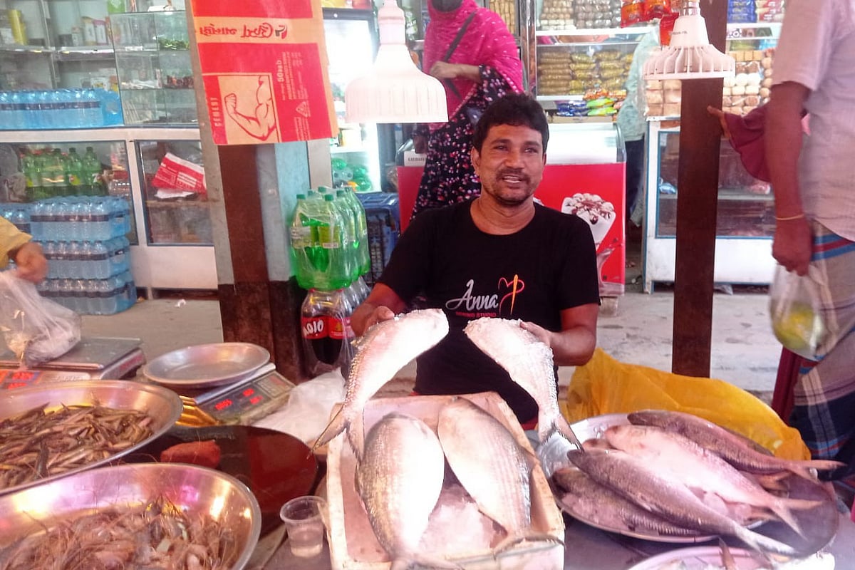 ভরা মৌসুমেও বাজারে ইলিশ নেই তেমন। কিছু ইলিশের পসরা সাজিয়ে বসে আছেন বিক্রেতা। দাম চড়া। দরদাম বেশি হচ্ছে। বেচা–কেনা কম। হতাশ ক্রেতা ও বিক্রেতারা। রোববার সকালে চাঁদপুরের মতলব দক্ষিণ উপজেলা সদর বাজারে