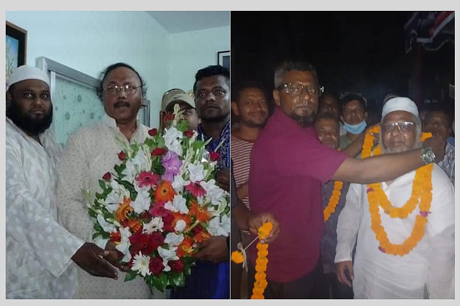 সাবেক মেয়র এ এইচ এম খায়রুজ্জামান লিটনকে ফুলের তোড়া দিচ্ছেন আশিকুল আলম (বাঁয়ে)। ৫ আগস্ট সরকার পরিবর্তনের পর বিএনপি নেতা মাঈনুল হককে ফুলের মালা পরিয়ে দিচ্ছেন আশিকুল আলম