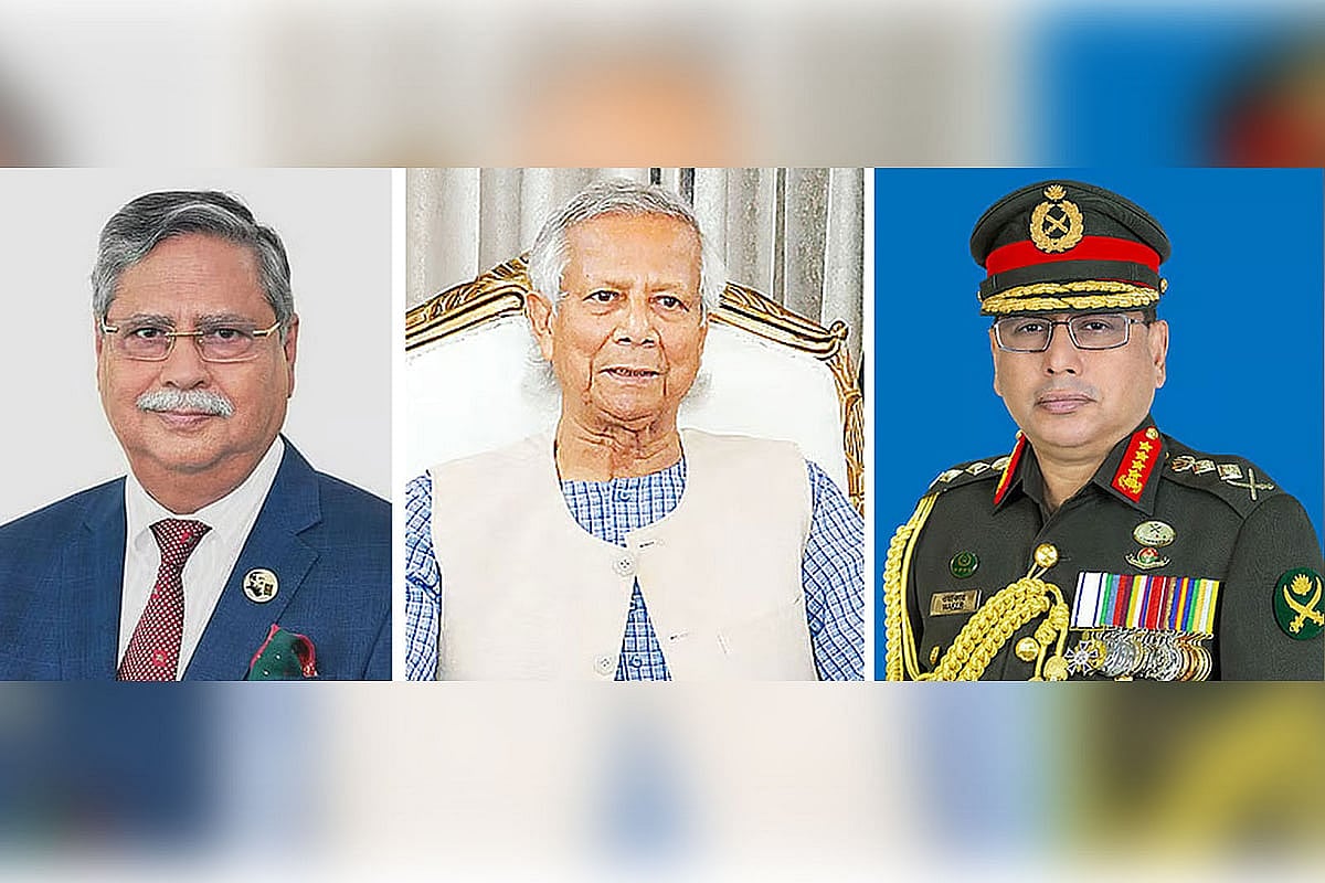 রাষ্ট্রপতি মোহাম্মদ সাহাবুদ্দিন, প্রধান উপদেষ্টা অধ্যাপক মুহাম্মদ ইউনূস ও  সেনাবাহিনীর প্রধান জেনারেল ওয়াকার-উজ-জামান