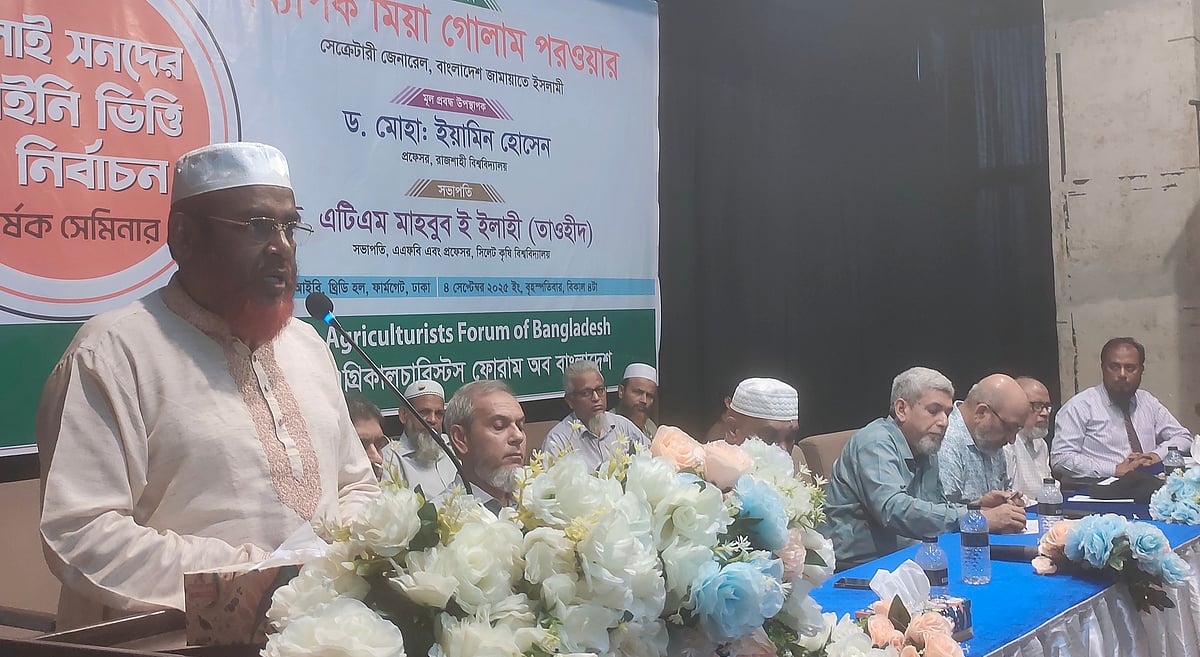 রাজধানীর ফার্মগেটে এক সেমিনারে জামায়াতে ইসলামীর সেক্রেটারি জেনারেল অধ্যাপক মিয়া গোলাম পরওয়ার বক্তব্য দেন