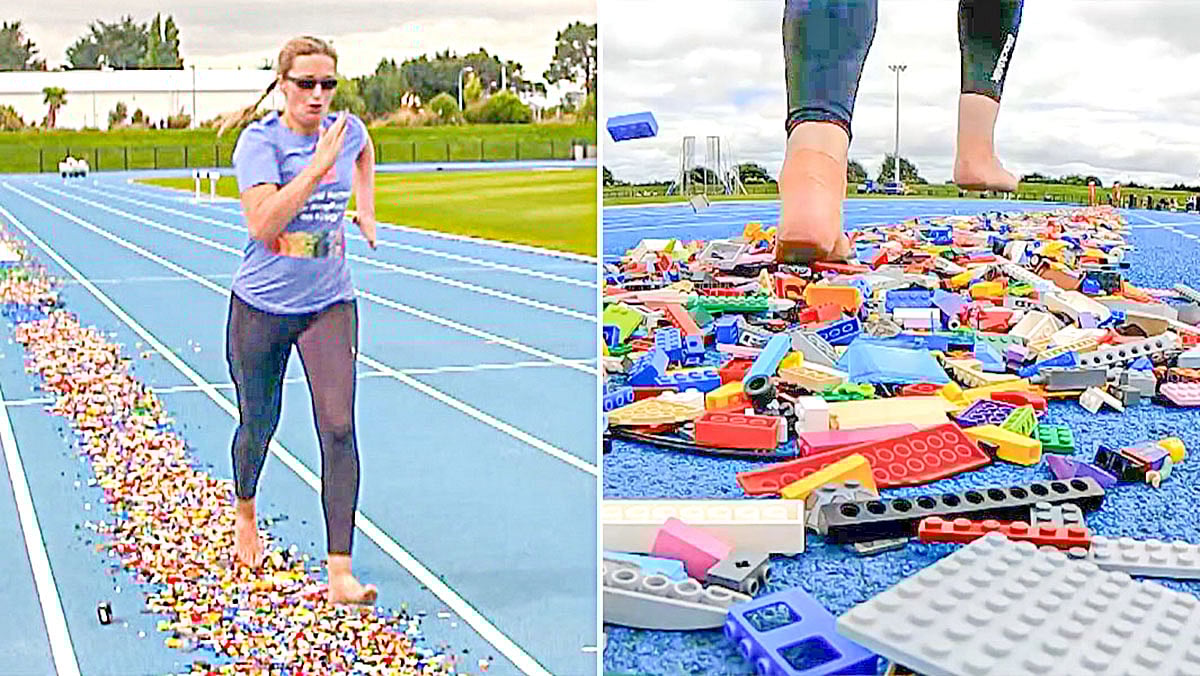 ছড়িয়ে রাখা লেগোর ওপর দিয়ে দৌড়াচ্ছেন গ্যাব্রিয়েল ওয়াল