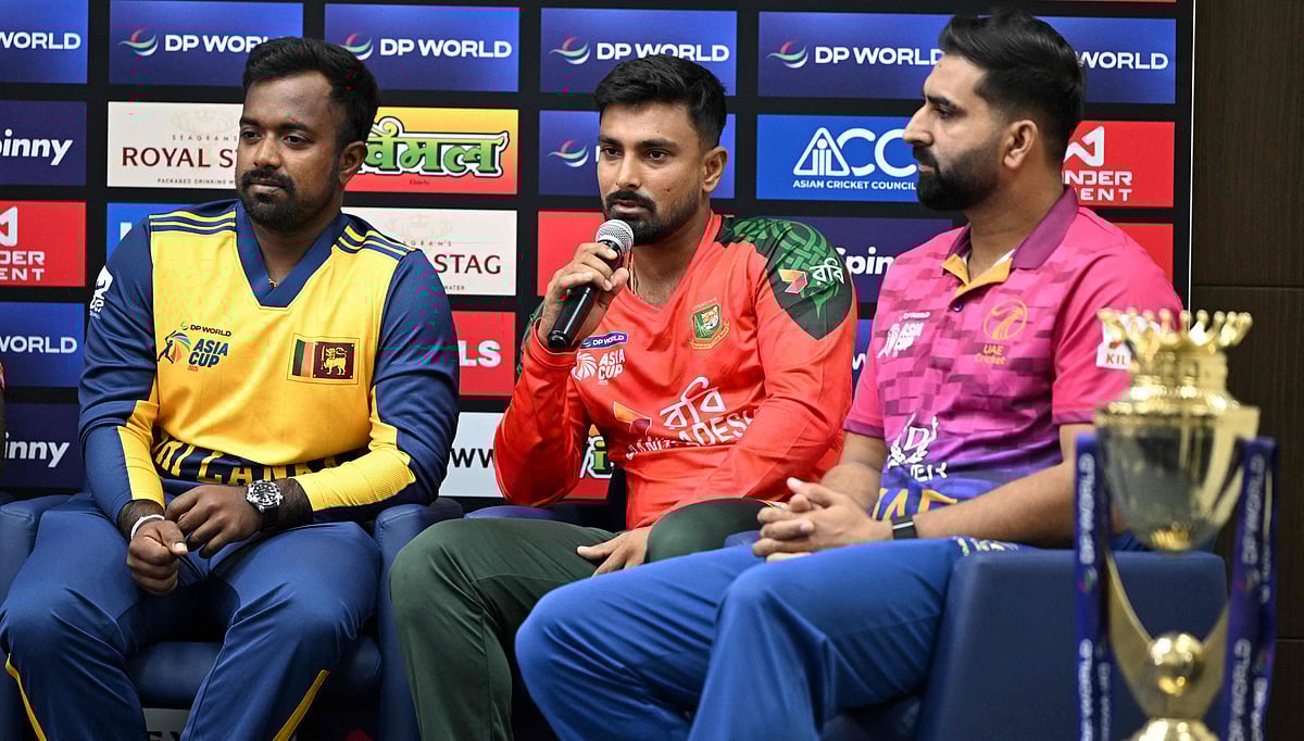 এশিয়া কাপ শুরুর আগে অধিনায়কদের সংবাদ সম্মেলনে কথা বলছেন লিটন দাস