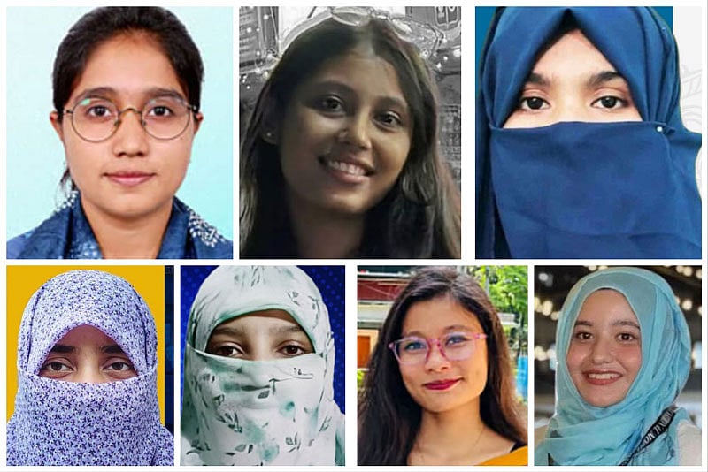 উপরে বাঁ থেকে সানজিদা আহমেদ তন্বি (স্বতন্ত্র), ফাতেমা তাসনিম জুমা (শিবিরের প্যানেল), উম্মে ছালমা (শিবিরের প্যানেল); নিচে বাঁ থেকে সাবিকুন নাহার তামান্না (শিবিরের প্যানেল), মোছা. আফসানা আক্তার (শিবিরের প্যানেল), হেমা চাকমা (প্রতিরোধ পর্ষদ), উম্মা উসওয়াতুন রাফিয়া (স্বতন্ত্র শিক্ষার্থী ঐক্য প্যানেল)