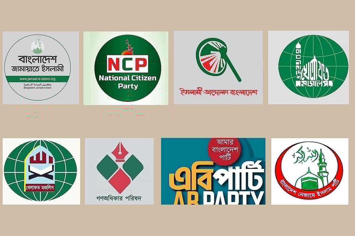 (ওপরে বাঁ থেকে) জামায়াতে ইসলামী, জাতীয় নাগরিক পার্টি, ইসলামী আন্দোলন বাংলাদেশ, বাংলাদেশ খেলাফত মজলিস; (নিচে বাঁ থেকে) খেলাফত মজলিস, গণ অধিকার পরিষদ, এবি পার্টি, বাংলাদেশ নেজামে ইসলাম পার্টি