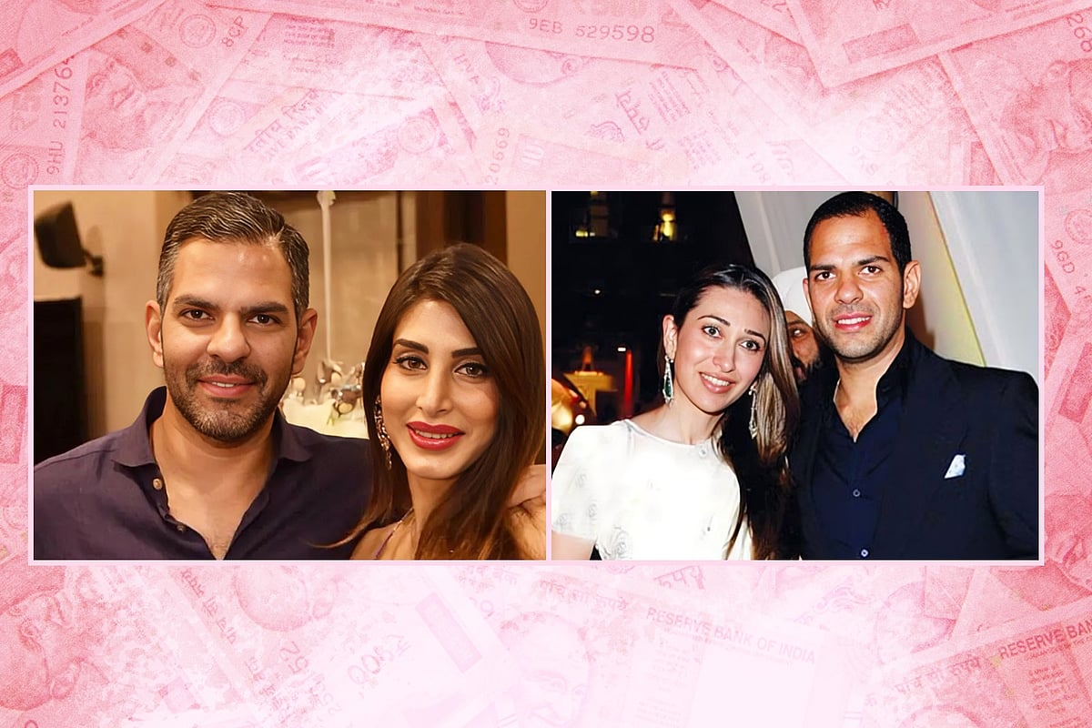 সঞ্জয় কাপুরের সঙ্গে প্রিয়া ও কারিশমা কাপুর। কোলাজ