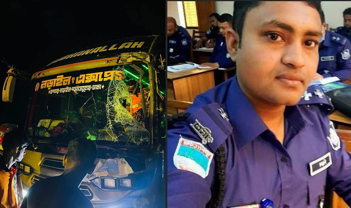 যশোরের বাঘারপাড়া উপজেলায় সড়ক দুর্ঘটনার শিকার বাস (বাঁয়ে) ও নিহত যাত্রী নিক্কন আঢ্য