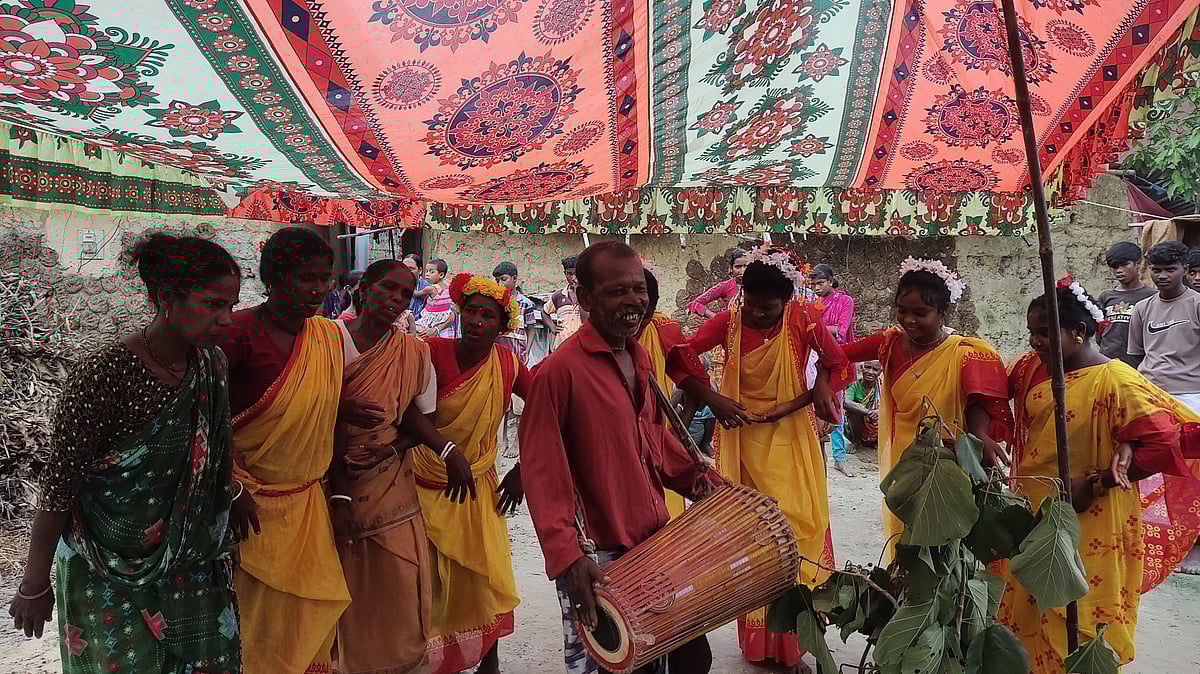গ্রামের আখড়ায় (বড় খোলা উঠান) কারাম ডালকে ঘিরে চলছে নাচ-গান। বৃহস্পতিবার বিকেলে চাঁপাইনবাবগঞ্জের গোমস্তাপুর উপজেলার পার্বতীপুর ইউনিয়নের শেরপুর কোঠাডাঙ্গা গ্রামে