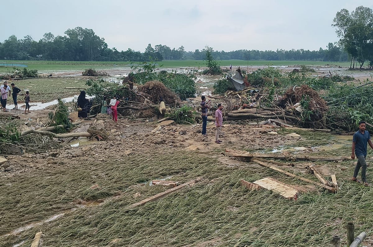 পাহাড়ি ঢলে শেরপুরের ঝিনাইগাতীতে মহারশি নদের বাঁধ কাম রাস্তা ভেঙে গেছে। এই অংশ দিয়ে পানিতে ভেসে আসা গাছ ও গাছের গুঁড়ি আমনের খেতে পড়ে আছে। আজ শনিবার সকালে খৈলকুড়া গ্রামে