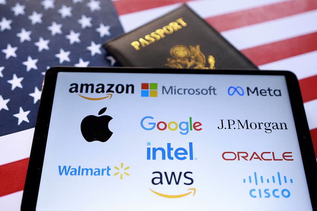 যুক্তরাষ্ট্রের পতাকা, পাসপোর্টের নকল ও বড় প্রযুক্তি প্রতিষ্ঠানগুলোর লোগোর কোলাজ